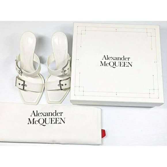 Alexander McQueen Women's White Double Buckle Punk Mules Size 41 (MSRP $1,090) - Picture 3 of 12